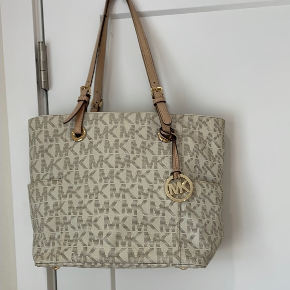 Michael Kors Cream Tote with Signature Monogram and Leather Accents